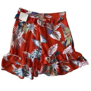 Sage The Label Small Red-Orange Fall Leaf Print Ruffle Lined Mini Skirt NEW
